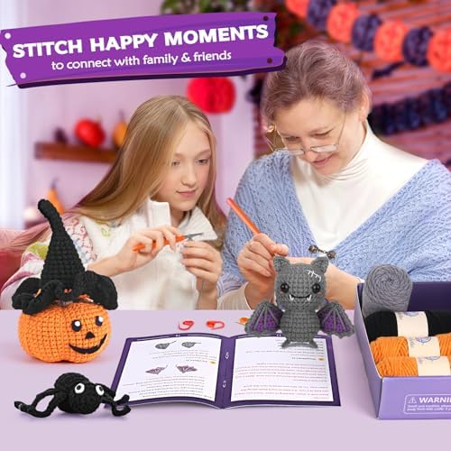 Crochetta Crochet Kit for Beginners, Halloween Decorations, Pumpkin Spider Bat Crochet Animal Kit for Adults and Kids with Step-by-Step Video Tutorials, DIY Knitting(40%+ Yarn) - Image 2