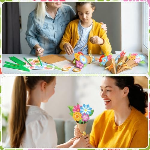 Motipuns 48 Set Spring Bouquet Flower Craft Kit Mother's Day DIY Flower Bow Paper Crafts Colorful Bouquets Make Your Own Teacher Appreciation Gifts for Spring Handmade Project Home Activities - Image 5