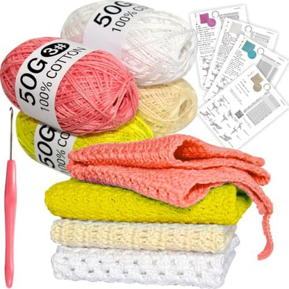zwzxd Beginner Crochet Kit: Cotton Thread, Hooks & DIY Dishcloth Tutorial （Light Warm Pastel） by zwzxd