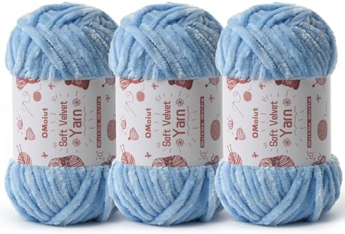 3x100g Fluffy Velvet Chenille Yarn for Crocheting and Knitting, 3x87.4yd Baby Yarn for Crocheting Soft, Crochet Chunky Yarns Amigurumi Yarns（Azure by OMoiut