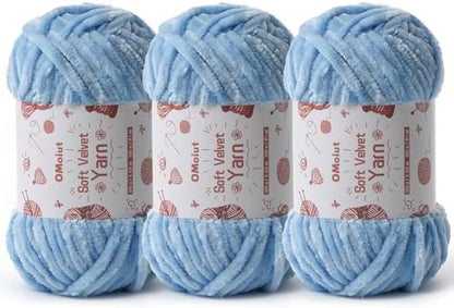 3x100g Fluffy Velvet Chenille Yarn for Crocheting and Knitting, 3x87.4yd Baby Yarn for Crocheting Soft, Crochet Chunky Yarns Amigurumi Yarns（Azure by OMoiut