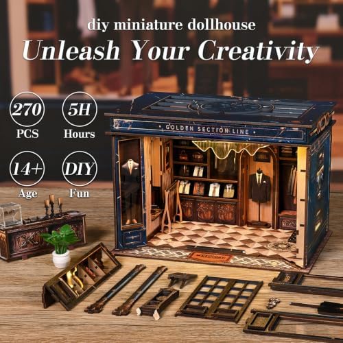 fifijoy DIY Miniature Dollhouse Kit - 3D Wooden Puzzle Book Nook Kit with LED Light, Miniature House Bookshelf Insert Decor for Adults, Creative Gift for Family and Friends (Golden Section Line) - Image 5