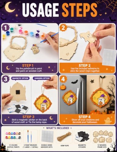 Bafeil 12 Set Halloween Craft for Adults, Wood Ghost DIY Paint Frame Craft - Image 7