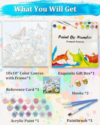 TOCARE Framed Paint by Numbers Kit for Adults Beginner & Kids Ages 8-12, Daisy Paint by Number Framed,Adult Paint by Number Kits on Canvas Framed Flowers Daisy (10x10 Inch, Without Easel) - Image 6