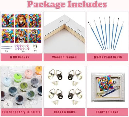 SYDYLH 6 Pack Paint by Numbers Kit for Kids Ages 4-12 / Adult/Teen, Easy DIY Animal Painting Kit with Frame, Beginner Acrylic Paint by Number Canvas 8x8 Inch for Boys Girls Arts Crafts Gift - Image 6