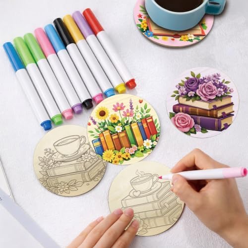 26PCS Wood Coasters Craft Kit 10 Paint You Own Coaster with 16 Pens Wooden Coaster Painting Set Coasters for Drinks Book and Flower Painting Crafts Art Supplies (Book and Flower) - Image 4