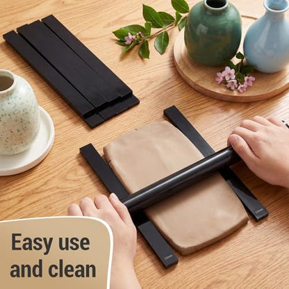Fiwochic 12 Pcs Acrylic Pottery Tools Set Includes 1 Acrylic Clay Rolling Pin Sculpting Polymer Clay Tools 1 Stain Resistant Tablecloth and 10 Pcs 5 Size Teaching Rolling Mud Stick Guide(Black) - Image 6