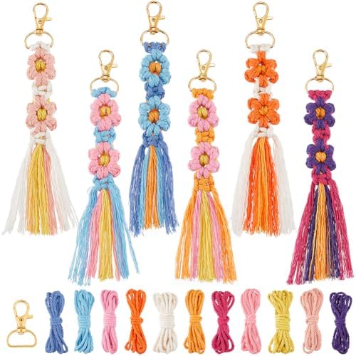 SUNNYCLUE 6 Sets Keychain Making Kits Flower Macrame Keychain Kits with Tassel Woven Keychain Kit Instruction Included Boho Macrame Kits for Beginners Adults Handbags DIY Hanging Ornament Decoration by SUNNYCLUE