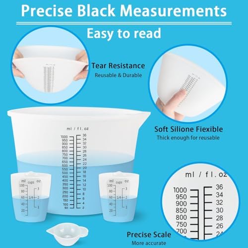 Creahaus 1000ML Large Silicone Measuring Cups for Resin, Easy to Read 36oz Silicone Mixing Bowl with 100ML Mixing Cup, Easy Clean Reusable Epoxy Resin Supplies with Stir Stick, Pipettes - Image 4