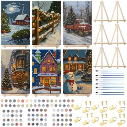 YooNotee 6 Pcs Winter Wonderland Paint by Numbers Kit for Adults 12x8 Inch Christmas Themed Canvas with Easel, DIY Oil Painting for Beginners, Home Wall Decor by Unknown