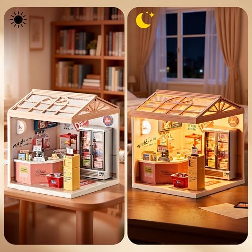 24-Hour Convenience Store DIY Miniature House Kit with Roof & LED Light, Stackable & Connectable Dollhouse Kit with Dustproof Doors, Creative DIY Crafts Building Toy Gift for Adults Teens - Image 2