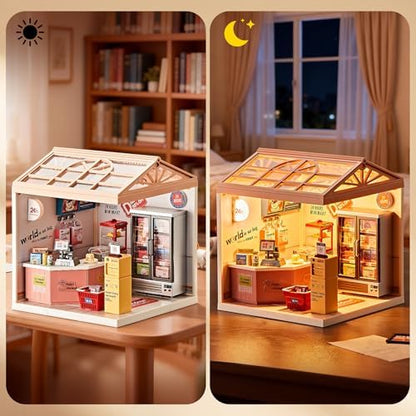 24-Hour Convenience Store DIY Miniature House Kit with Roof & LED Light, Stackable & Connectable Dollhouse Kit with Dustproof Doors, Creative DIY Crafts Building Toy Gift for Adults Teens - Image 2