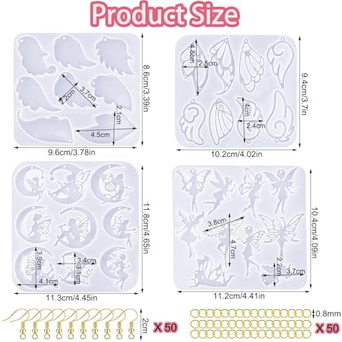104Pcs Geometric Resin Earring Molds Kit, Wing Angel Shaped Earrings Silicone Mold for Epoxy Resin Dangle Drop Jewelry Molds Making Kit with 100 Earring Hook for Earrings Necklace Pendants (Wing) - Image 5