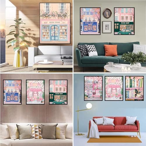AOSGEDY 6 Packs Bookstore Paint by Numbers Kit for Adults Beginner, Pink Book Shop Adult Paint by Number Kits on Canvas, DIY Acrylic Oil Painting by Numbers for Home Wall Decor 10x14 Inch - Image 5