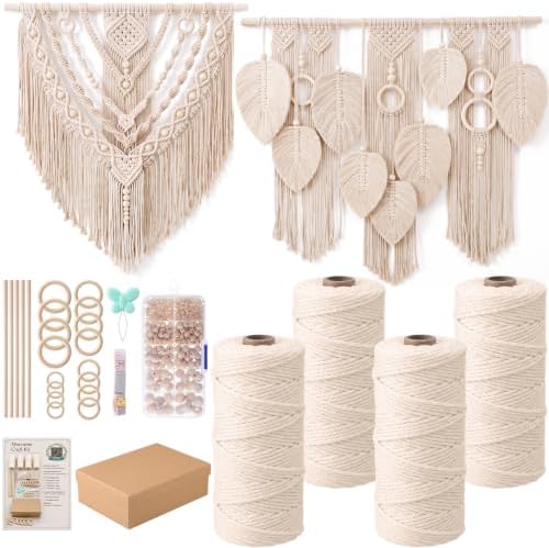 Rivvlive Macrame Kit for Adults Beginners 249 Pcs, 436yd 3mm Cotton Cord Wood Rings Dowels, Beads Needle Threader Gift Box & Digital Instruction Book for Bohemian Decor Craft Projects (Beige) by Unknown