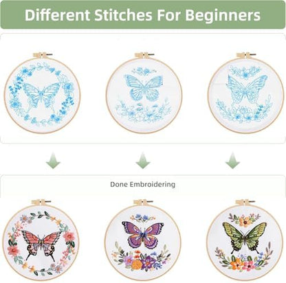 GLTAYLMY Butterfly Embroidery Kit for Beginners Adults, 3 Sets Hand Embroidery Starter Kit with Flower Pattern and Instructions Stamped Cross Stitch Kits Include Embroidery Hoop Needles Threads - Image 2