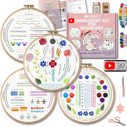 Moni Crafts Embroidery Kit for Beginners – DIY Hand Embroidery Set for Adults with 4 Stamped Patterns, Hoop, Threads, Needles and Step-by-Step Stitch Guide to Learn 33 Stitches by MoniCrafts