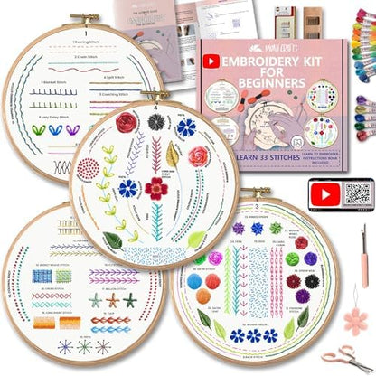 Moni Crafts Embroidery Kit for Beginners – DIY Hand Embroidery Set for Adults with 4 Stamped Patterns, Hoop, Threads, Needles and Step-by-Step Stitch Guide to Learn 33 Stitches by MoniCrafts