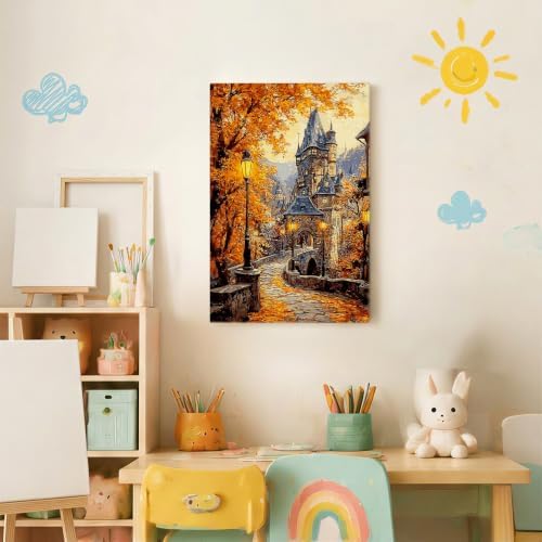 Spandrel Autumn Scenery Framed Paint by Numbers Kit for Adult Castle, Adult Paint by Number Kits on Canvas Landscape, DIY Acrylic Oil Easy Fall Painting by Numbers for Home Wall Decor, 8x12in - Image 3