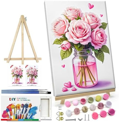 ATDMS Paint by Numbers Kit for Adults with Frame Flowers Paint by Number with Easel Floral Adult Paint by Number Kits Framed Canvas DIY Acrylic Oil Painting Kits for Home Wall Decor 8x12 Inch by ATDMSDIY
