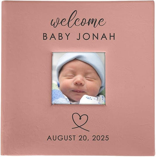 Personalized Photo Album, Custom Engraved Picture Album, Holds 200 4" x 6" Photos, Leatherette and Laser Engraved Scrapbook, Welcome Baby, Pink