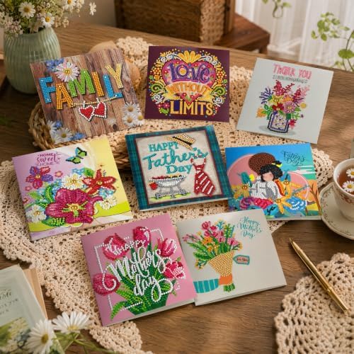 8PCS Fathers Day Mothers Day DIY Greeting Card Kits with Envelopes Diamond Art Greeting Cards Diamond Art Cards Kits for Adults DIY Crafts Family Friend Gifts - Image 3