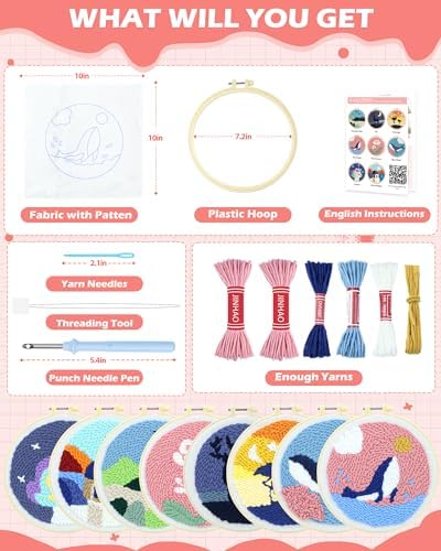 FIVEIZERO Yarn Punch Needle Craft Kit for Beginners,Pink Whale Pattern - Image 2