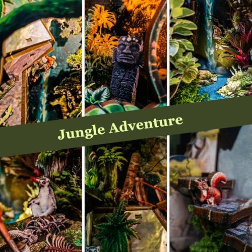 fifijoy Jungle Adventure Book Nook Kit - DIY Miniature Dollhouse Booknook for Adults, 3D Wooden Puzzle Bookend Bookshelf Decor with LED Light and Sound Effects, Creative Gift for Family, Friends - Image 4