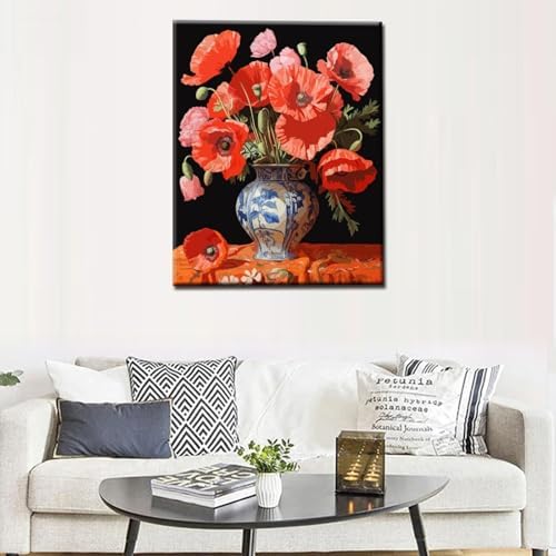 Tucocoo Red Poppys DIY Paint by Numbers for Adults Red Flowers in Vase DIY Oil Painting Kits Canvas with Acrylic Paint Floral Plant Art 16x20 Inch （DIY Frame ） - Image 3