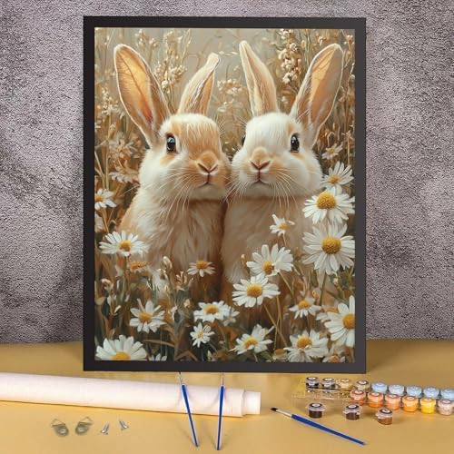 RICUVED Easter Paint by Numbers for Adults, Rabbits Paint by Numbers Kit for Adults Beginners, Flowers DIY Acrylic Oil Painting on Canvas Easy for Gift Home Wall Decor 16x20 Inch - Image 2