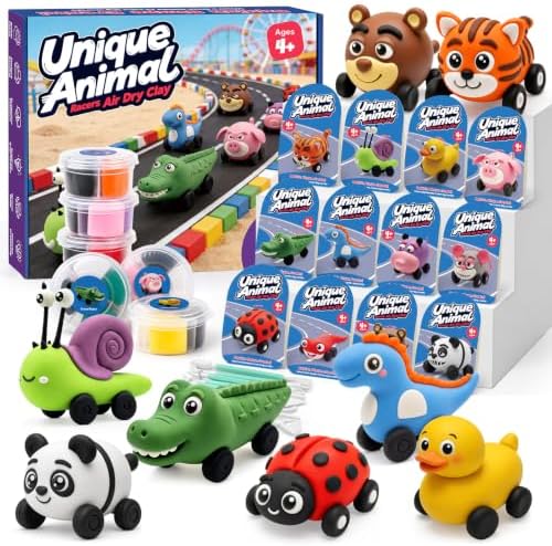 Kasfalci Air Dry Clay Kit for Kids, 12 Animal Racers Modeling Magic Clay Sculpting Set, DIY Party Favors Arts & Crafts for Kids Ages 4-12, Ultra Light & Soft, Safe & Non-Stick with Tools & Tutorials by Kasfalci