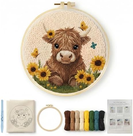 ZMHKJZDQ Punch Needle Kits for Beginners,DIY Punch Needle Embroidery with Fabric, Hoops, Yarns and Sewing Needles for Adults Children Festival Gift and Home Decor, 20x20cm (Sunflower Highland Cow) - Image 2