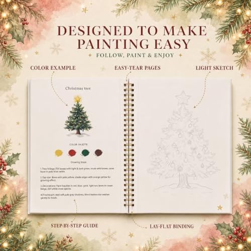 EIOLUIK Christmas Watercolor Workbook Set - 12 Paintings, 16 Paints, 3 Brushes - Image 3