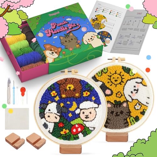 yuegool 2PCS Punch Needle Decoration Kit,Easy DIY Punch Needle Embroidery Kit for Beginners Adults Including Patterns, Tools, Yarns, Hoop, Instruction, Bracket Art Craft Supplies by Unknown