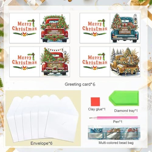 LAKEQUILL DIY Diamond Art Cards Kit, 6 Packs Diamond Painting Cards, Diamond Art Cards with Envelope for Christmas Birthday Thanksgiving Day Holiday (Xmas Truck) - Image 6