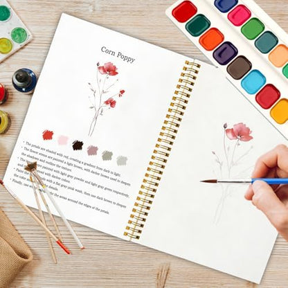 12 Wildflower Patterns Watercolor Set, Painting Book for Beginners, Stress Relief Art Gift for Women and Adults, Relaxing DIY Workbook, Boho Nature Lover Kit - Image 5