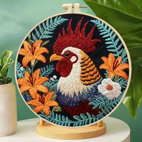 FRANDEK DIY Flower Rooster Stamped Embroidery Kit with Hoop for Adults - Image 7