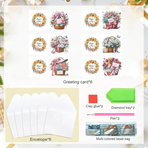 jinglinhh 6pcs Daisy Flower Basket Tulip Letters Diamond Art Painting Greeting Cards with Envelopes, DIY Card Making Kits for Adults, Diamond Art Postcards Christmas Cards Craft Gifts - Image 3