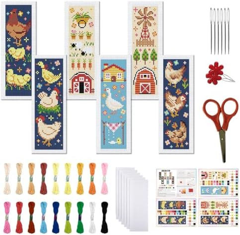 FREEBLOSS 6 Set Cross Stitch Bookmark Kit for Beginner Adults Farm Animal Stamped Embroidery Bookmark Kits Cross Stitch Kits with Instruction Bookmarks Making Kit for Book Lovers 8x2.4in/20x6cm by FreeandCreativeCraftsArt