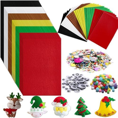 gisgfim 42Pcs Christmas Felt Fabric Sheets 8 x 12 Inch Red Green Black Assorted Soft Thick Felt Pack with Wiggle Google Eyes Pom Poms Glitter Patchwork Craft for DIY Sewing Creative Art Project Decor by gisgfim