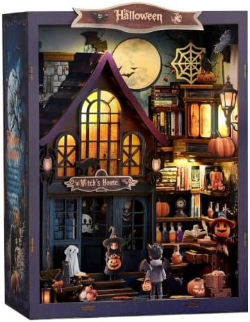 Halloween Book Nook Kit with LED, DIY Miniature House Dollhouse Kit for Adults and Teens, 3D Wooden Puzzle Booknook Tiny House Bookshelf Halloween Decorations, Gift for Family, Friends - Image 2
