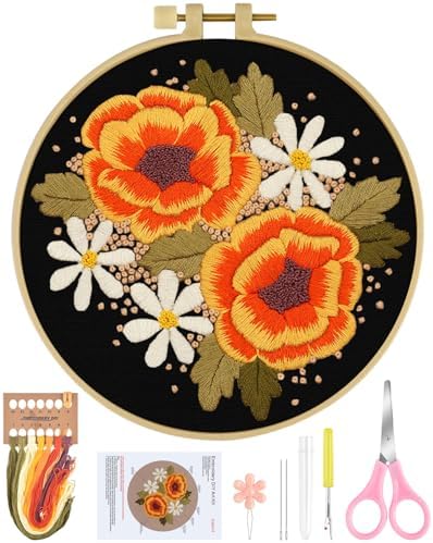 ERKOON Embroidery Kit for Beginners, Flower Cross Stitch Set Include Embroidery Cloth Hoops Threads for Craft Lover Hand Stitch with Embroidery Skill Techniques (Floral) by ERKOON