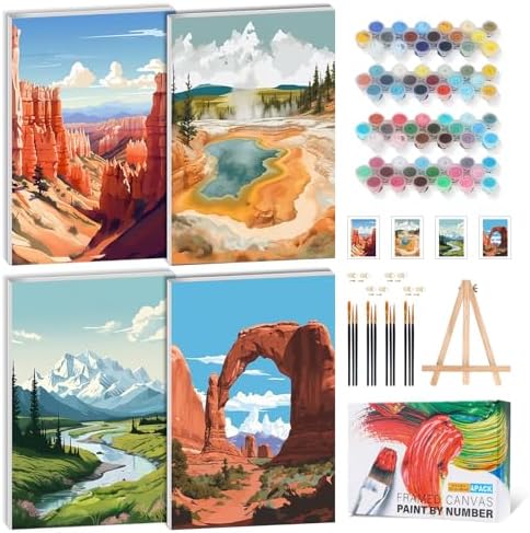 4 Pack Paint by Numbers Kit for Adults with Frame, National Parks Landscape DIY Painting Kit for Beginners, Mountain & Canyon Scenic Canvas Paint by Number Set for Nature Wall Decor, 8x12 Inch by GEEHEIY