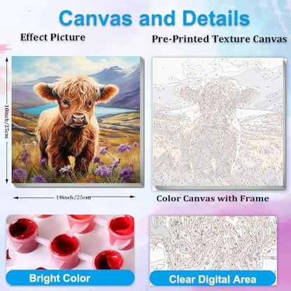 Artunion Framed Paint by Numbers Kit for Adults Beginners & Kids Ages 8-12,Highland Cow Paint by Number with Frame,Cow Animal Paint by Numbers Kit on Canvas 10 * 10 Inch Without Easel - Image 3