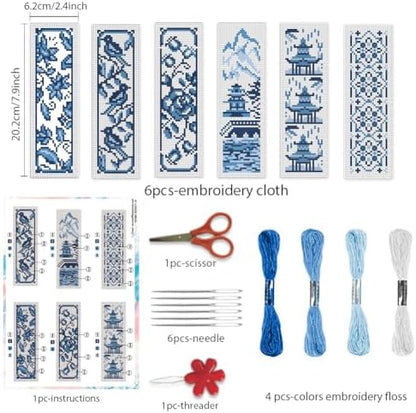 BEUNITONE Cross Stitch Bookmark Kit 6 Pcs Watercolor DIY Bookmarks Cross Stitch Kits for Beginners Birds Flower Stamped Embroidery Bookmark with Landscape Patterns Craft Kit for Gifts 8''x2.4'' - Image 2