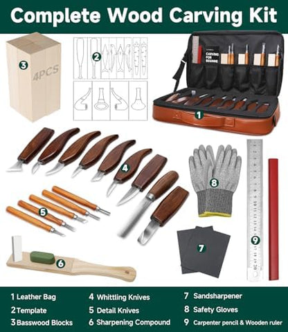 Wood Carving Kit, 30Pcs Wood Carving Tools Set with Leather Storage Bag, Deluxe Whittling Kit, 9 Wood Carving Knives 5 Chisels 4 Blocks (30-Piece Leather Bag Set) - Image 4