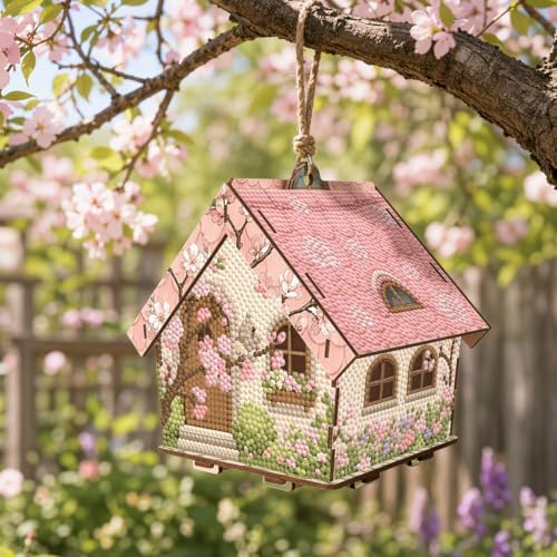 FRANDEK DIY Wooden House Diamond Art Painting Kit for Adults Home (Pink - Image 4