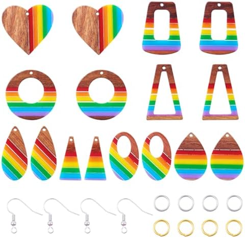 Elecrelive 8 Pairs Wood Earring Kit Rainbow Resin Wood Charms Stripe Wood Earring Pendants Heart Teardrop Triangle Vintage Dangle Earring Charms with Earring Hooks for Jewelry Craft Making by EEEELECRELIVE