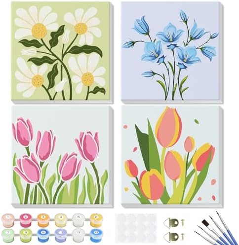 Flowers Paint by Number for Adults Beginners and Kids, 4 Pack DIY Adult Paint by Number Kits on Canvas Framed, Color by Numbers Acrylic Oil Painting Number Kits Crafts for Home Wall Decor 8x8inch by Geniusmaker
