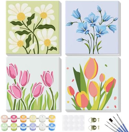 Flowers Paint by Number for Adults Beginners and Kids, 4 Pack DIY Adult Paint by Number Kits on Canvas Framed, Color by Numbers Acrylic Oil Painting Number Kits Crafts for Home Wall Decor 8x8inch by Geniusmaker